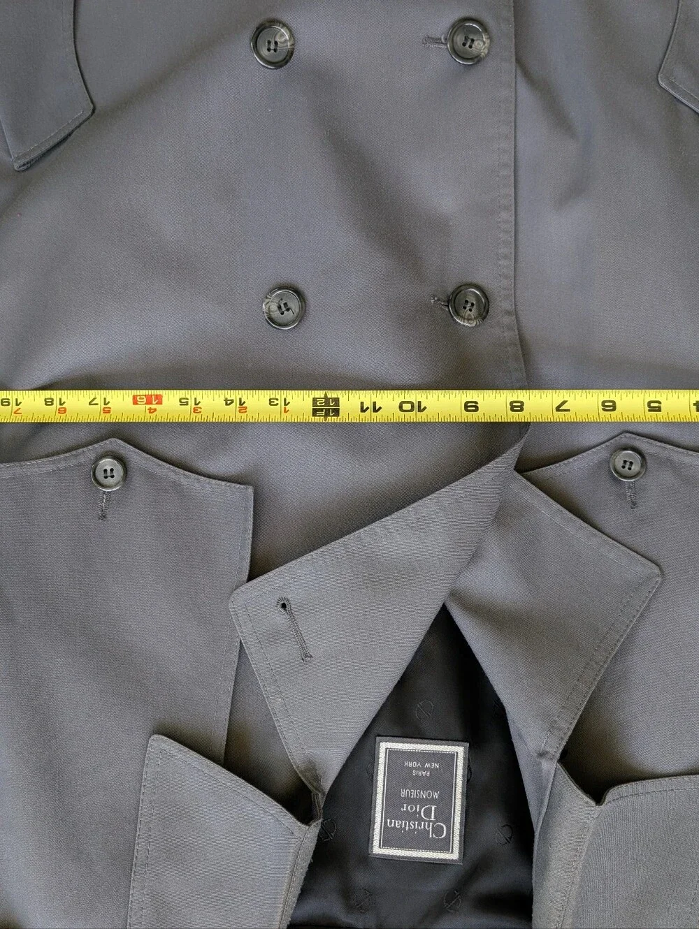 Vintage Christian Dior Monsieur Trench Coat Gray 42R Wool Liner Double Breasted
